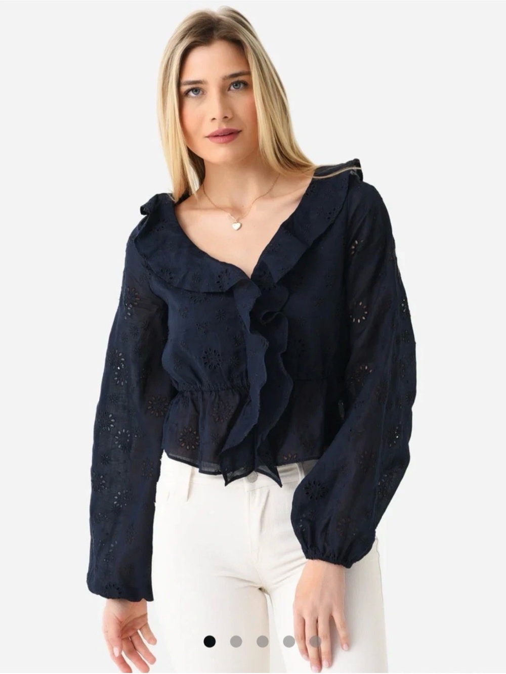 Frame Denim Navy Eyelet Ruffle Peplum Top